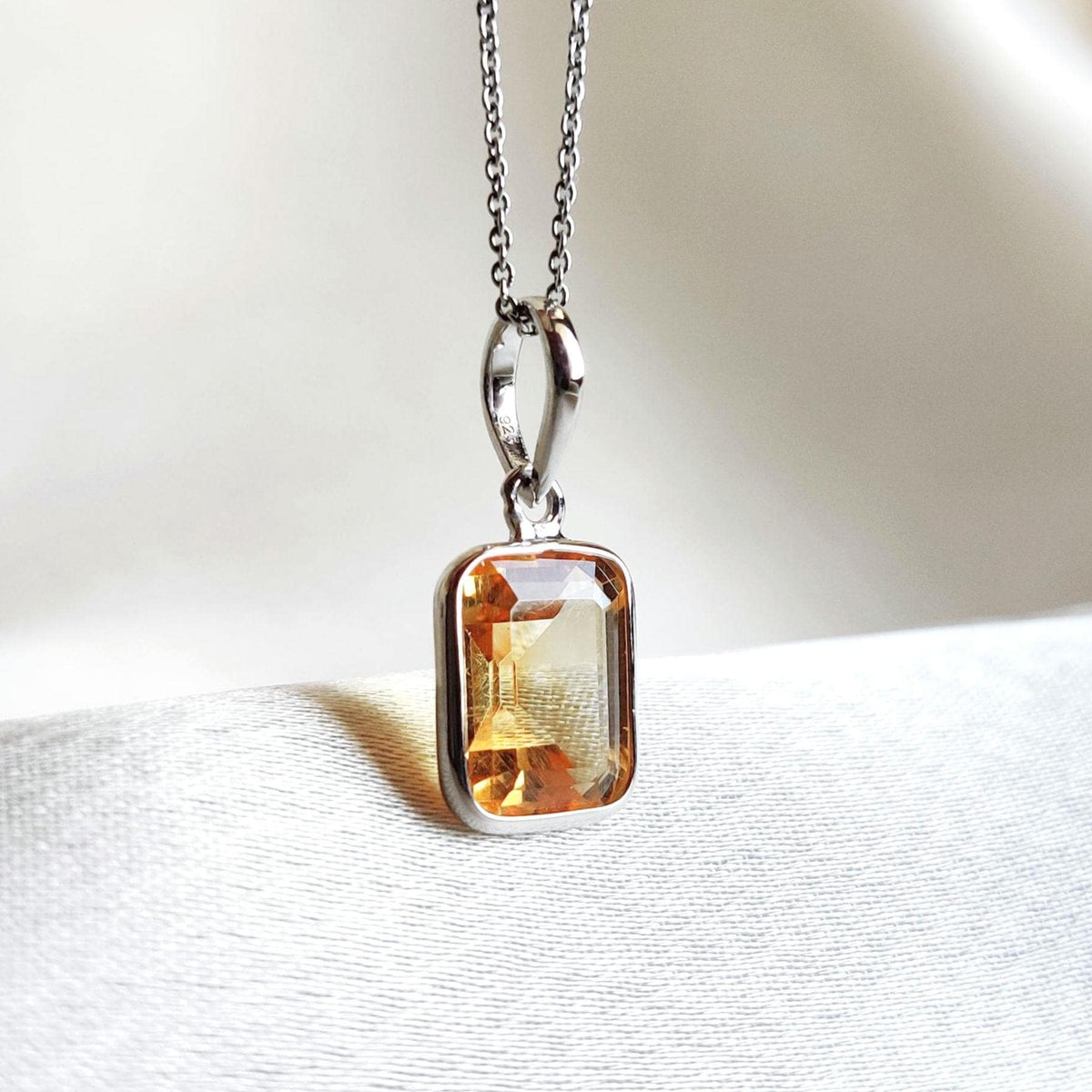 Emerald Cut Natural Citrine Pendant, 14K Solid White Gold, November Birthstone