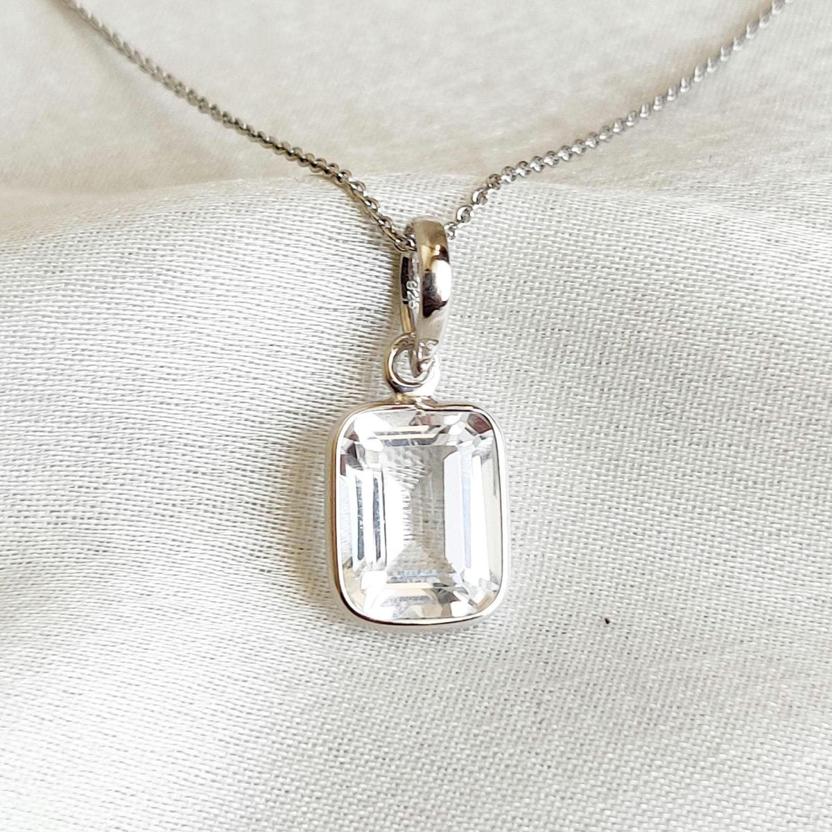 14K Solid Gold Natural White Topaz Pendant - Emerald Cut November Birthstone
