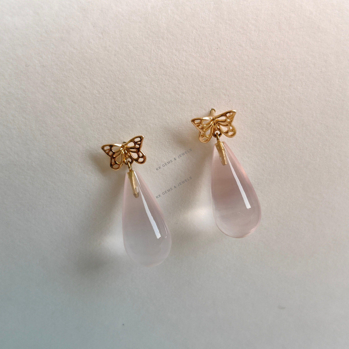 14K Solid Yellow Gold Natural Rose Quartz Teardrop Earrings, Butterfly Studs