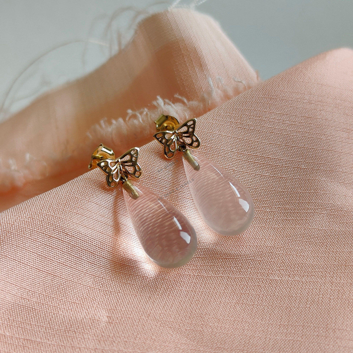 14K Solid Yellow Gold Natural Rose Quartz Teardrop Earrings, Butterfly Studs