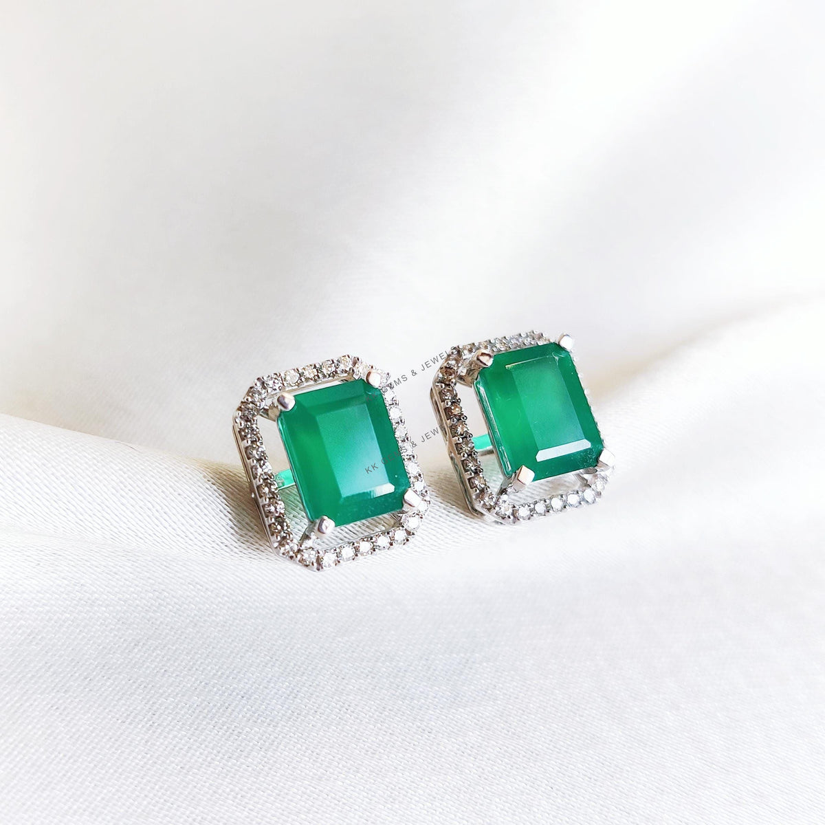Natural Green Onyx & Diamond Studs, 14K Solid White Gold Earrings, Christmas Gift