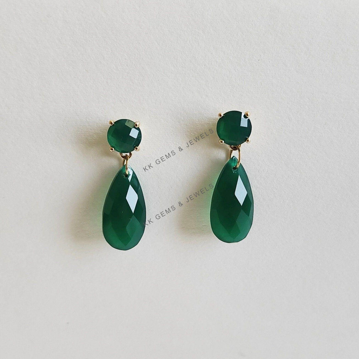 14K Solid Yellow Gold Natural Green Onyx Drop Earrings, May Birthstone