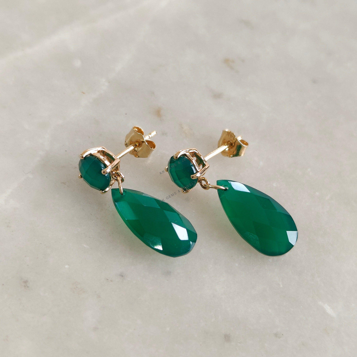 14K Solid Yellow Gold Natural Green Onyx Drop Earrings, May Birthstone