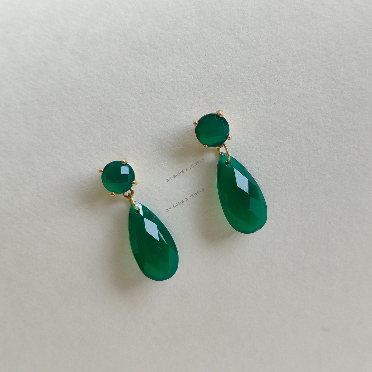 14K Solid Yellow Gold Natural Green Onyx Drop Earrings, May Birthstone