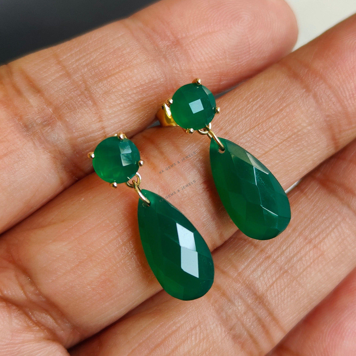 14K Solid Yellow Gold Natural Green Onyx Drop Earrings, May Birthstone