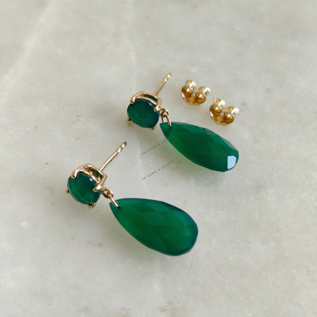 14K Solid Yellow Gold Natural Green Onyx Drop Earrings, May Birthstone