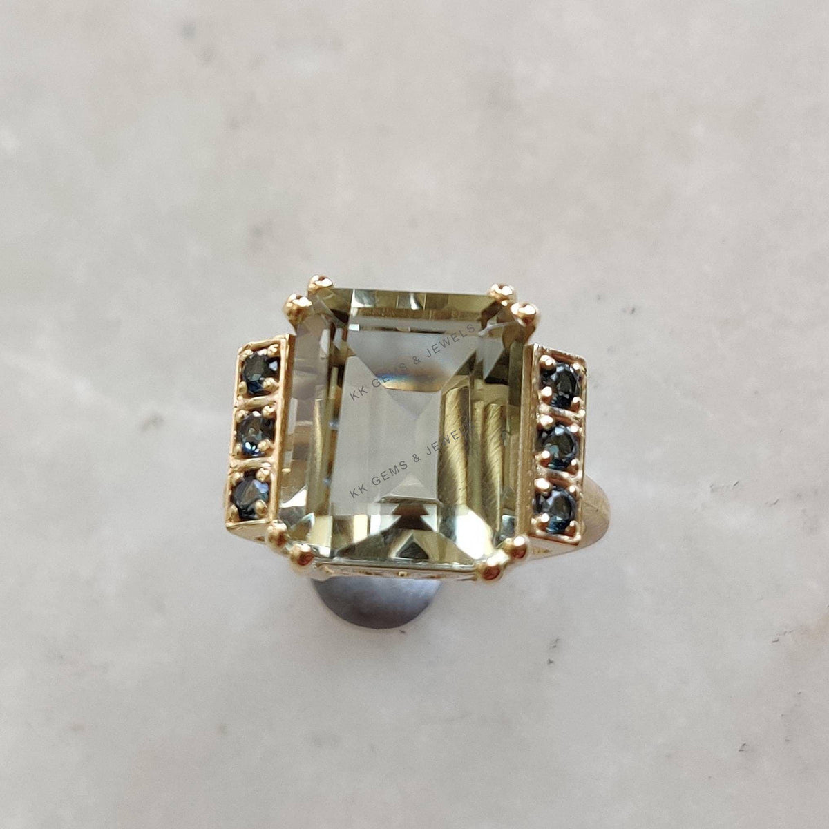 Natural Green Amethyst & London Blue Topaz Ring, 14K Solid Yellow Gold Statement Ring