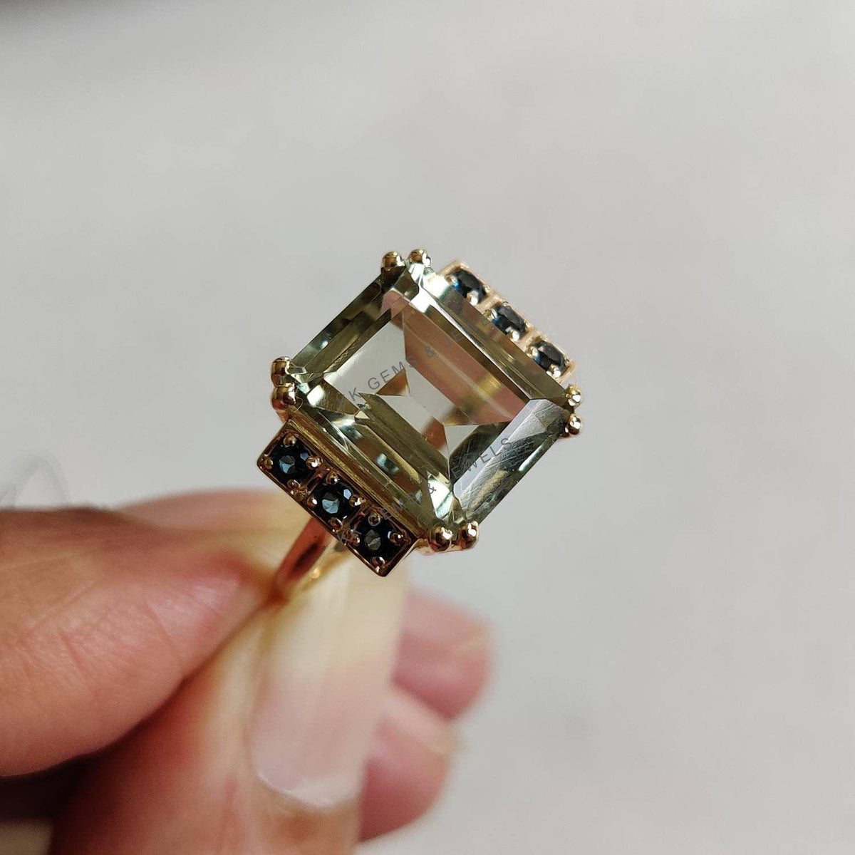 Natural Green Amethyst & London Blue Topaz Ring, 14K Solid Yellow Gold Statement Ring