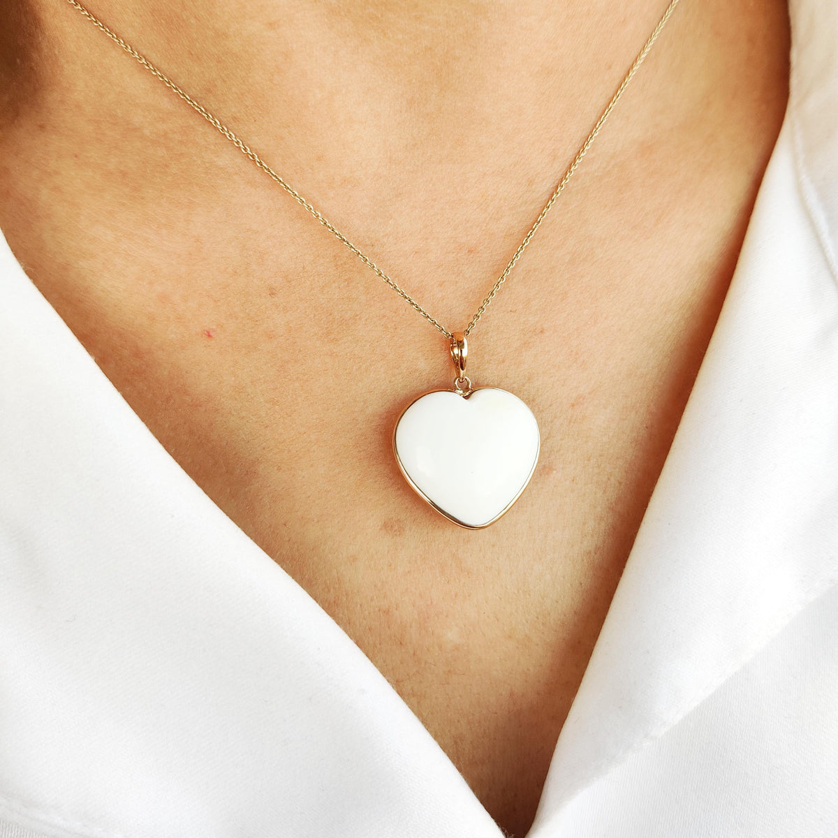 14K Solid Yellow Gold Natural White Opal Heart Bezel Pendant, October Birthstone