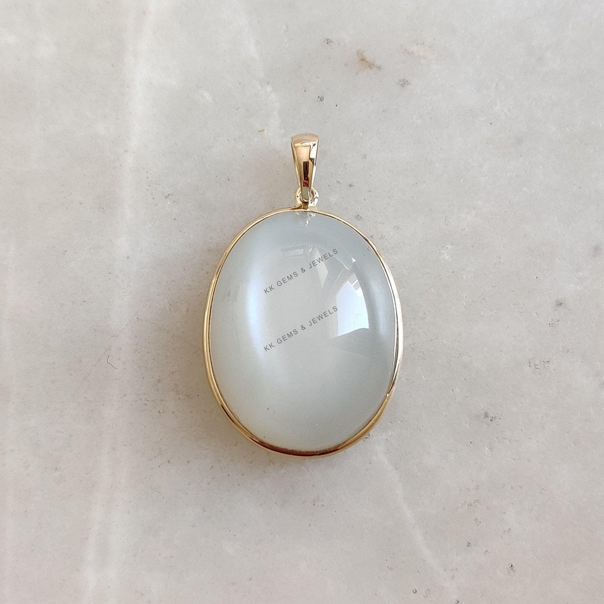14K Solid Gold Bezel Natural White Moonstone Pendant, June Birthstone