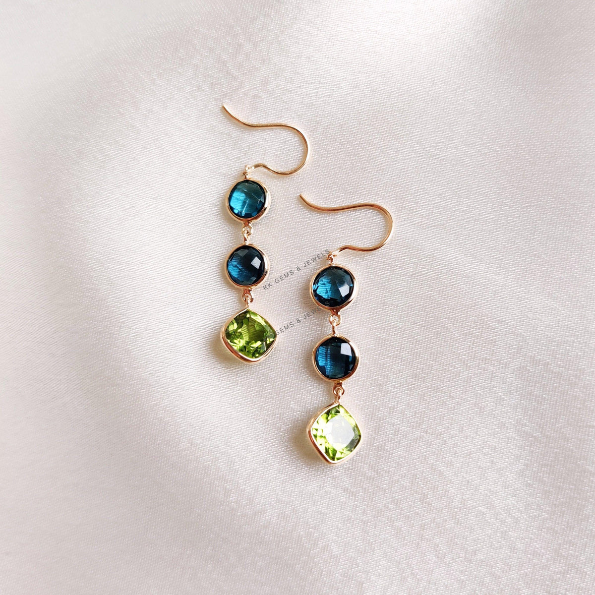 14K Solid Gold Natural London Blue Topaz and Peridot Bezel Earrings
