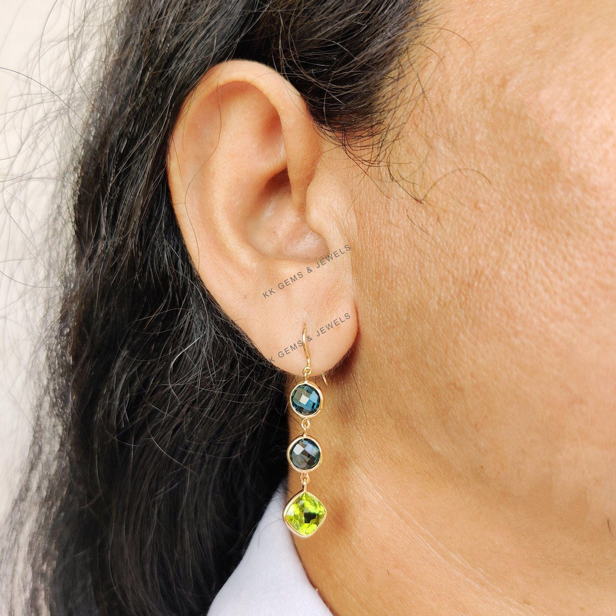 14K Solid Gold Natural London Blue Topaz and Peridot Bezel Earrings