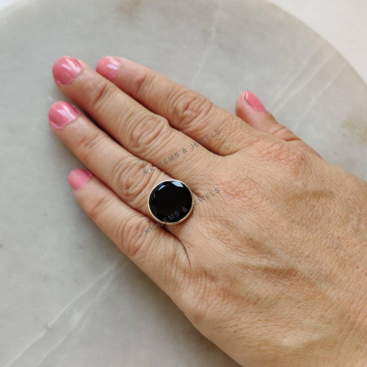14K Solid Gold Natural Black Onyx Bezel Ring, December Birthstone