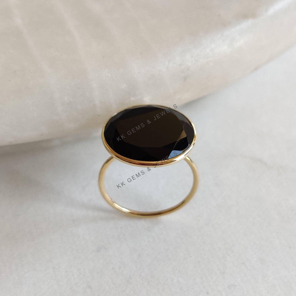 14K Solid Gold Natural Black Onyx Bezel Ring, December Birthstone