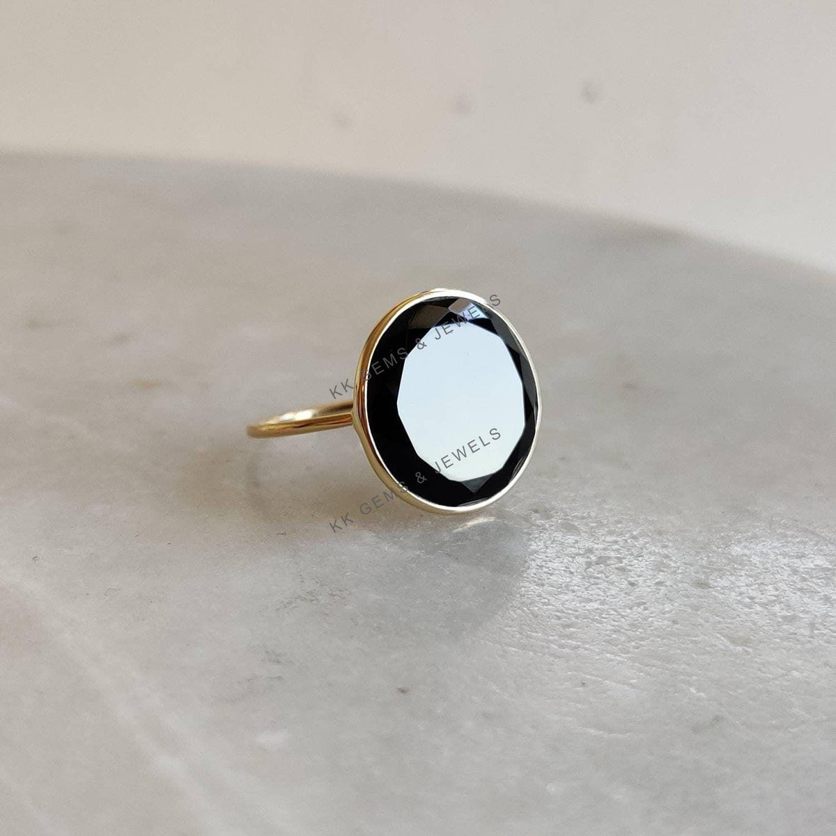 14K Solid Gold Natural Black Onyx Bezel Ring, December Birthstone