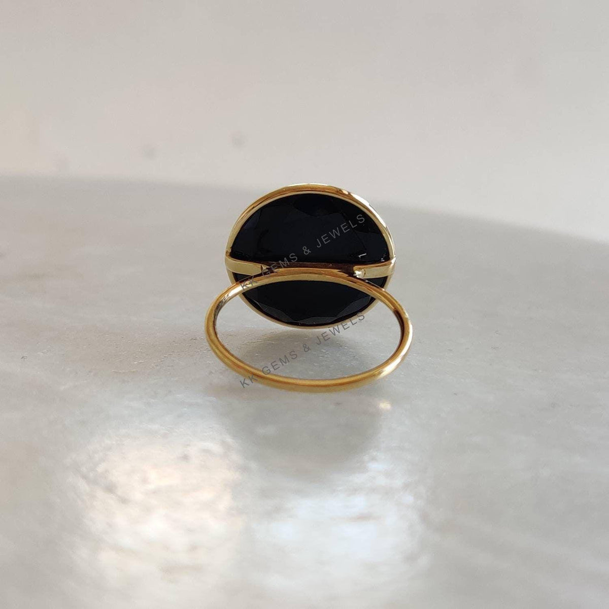 14K Solid Gold Natural Black Onyx Bezel Ring, December Birthstone