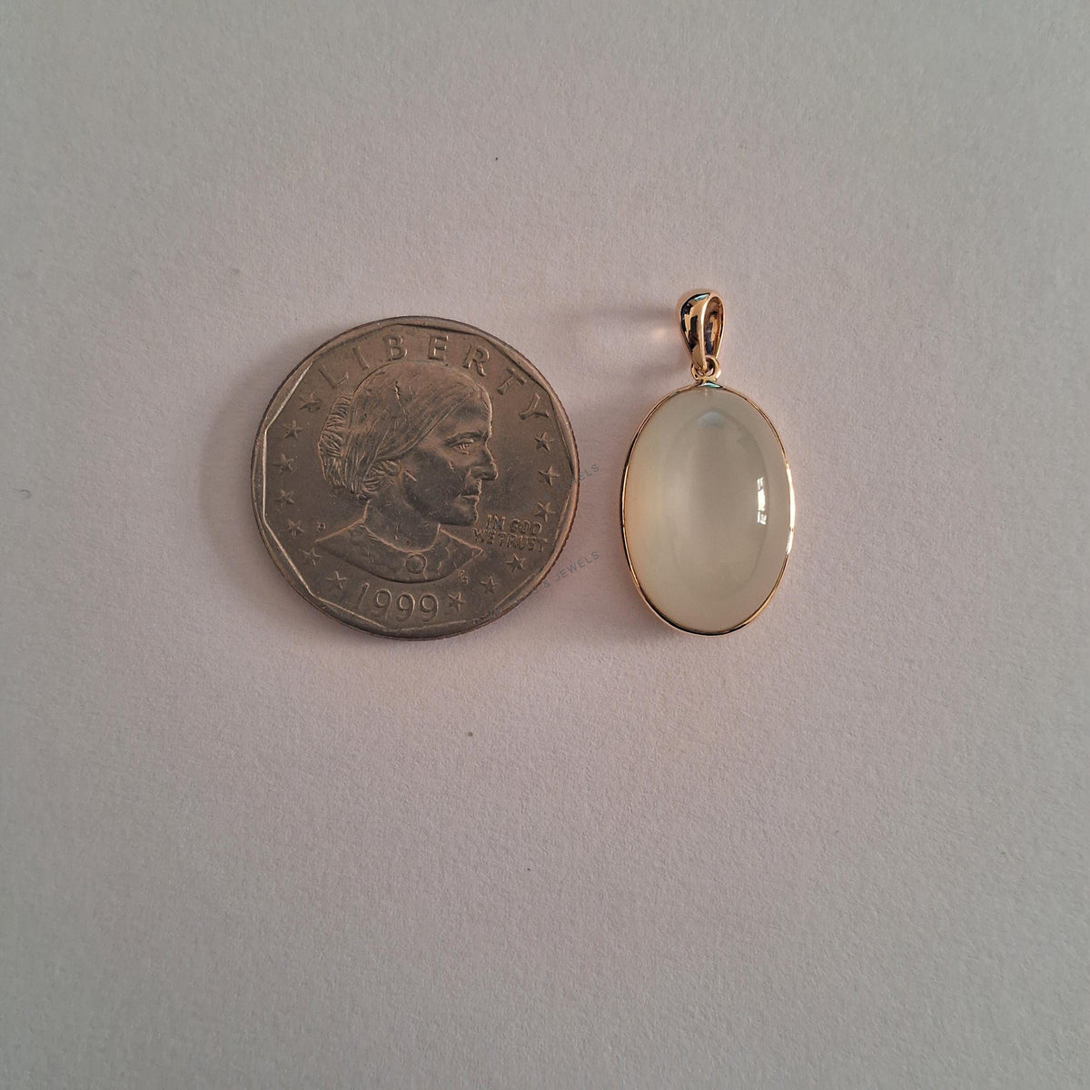 Natural White Moonstone 14K Solid Yellow Gold Pendant, Oval Cabochon, June Birthstone