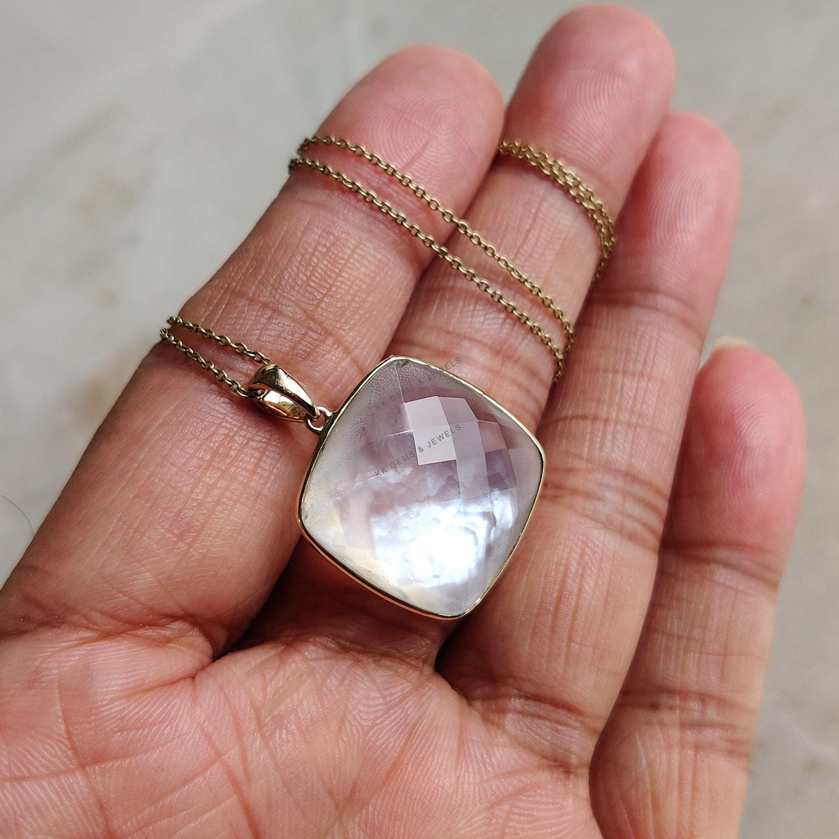 14K Solid Gold Natural MOP & Clear Quartz Pendant, June Birthstone Necklace