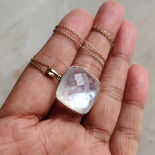 14K Solid Gold Natural MOP & Clear Quartz Pendant, June Birthstone Necklace