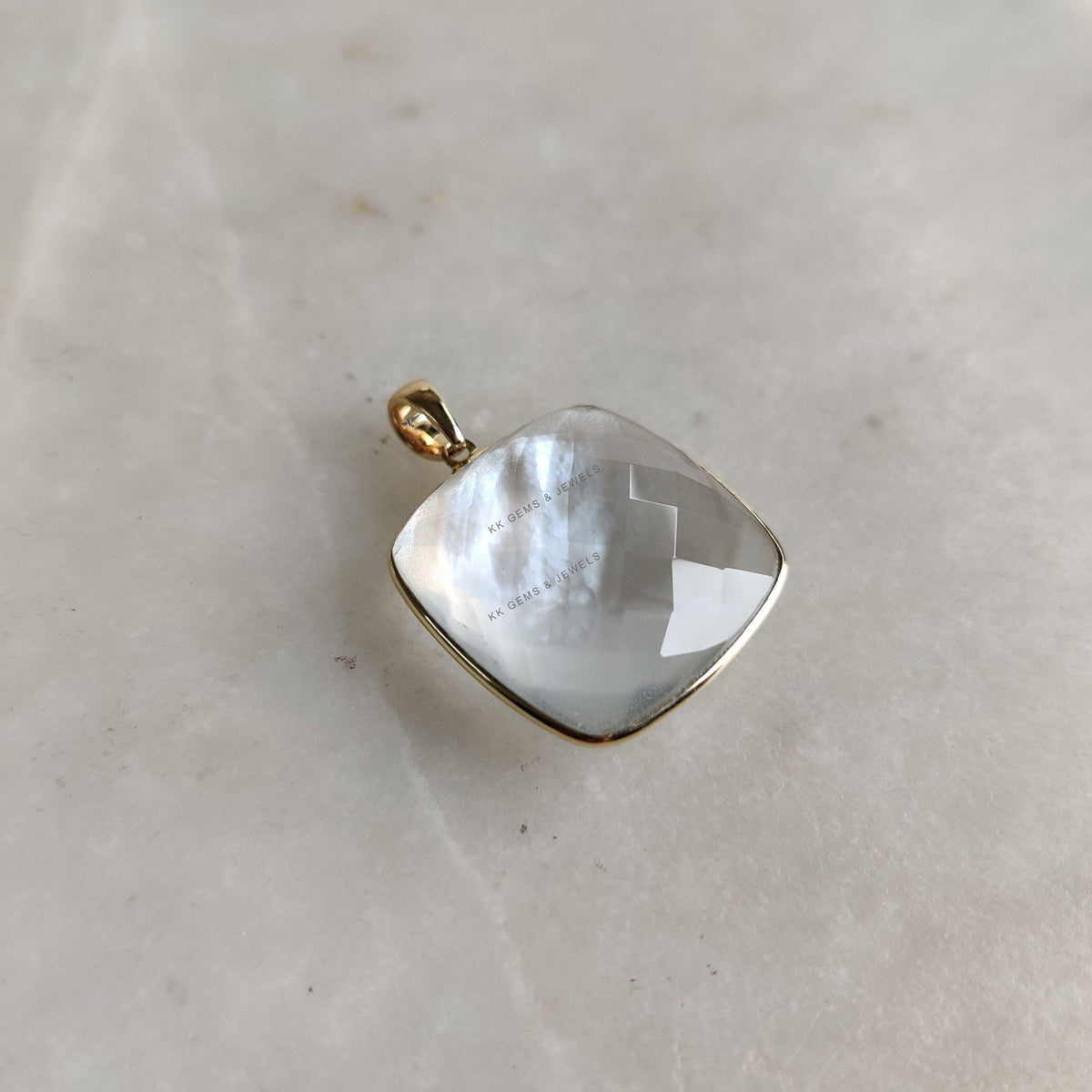 14K Solid Gold Natural MOP & Clear Quartz Pendant, June Birthstone Necklace