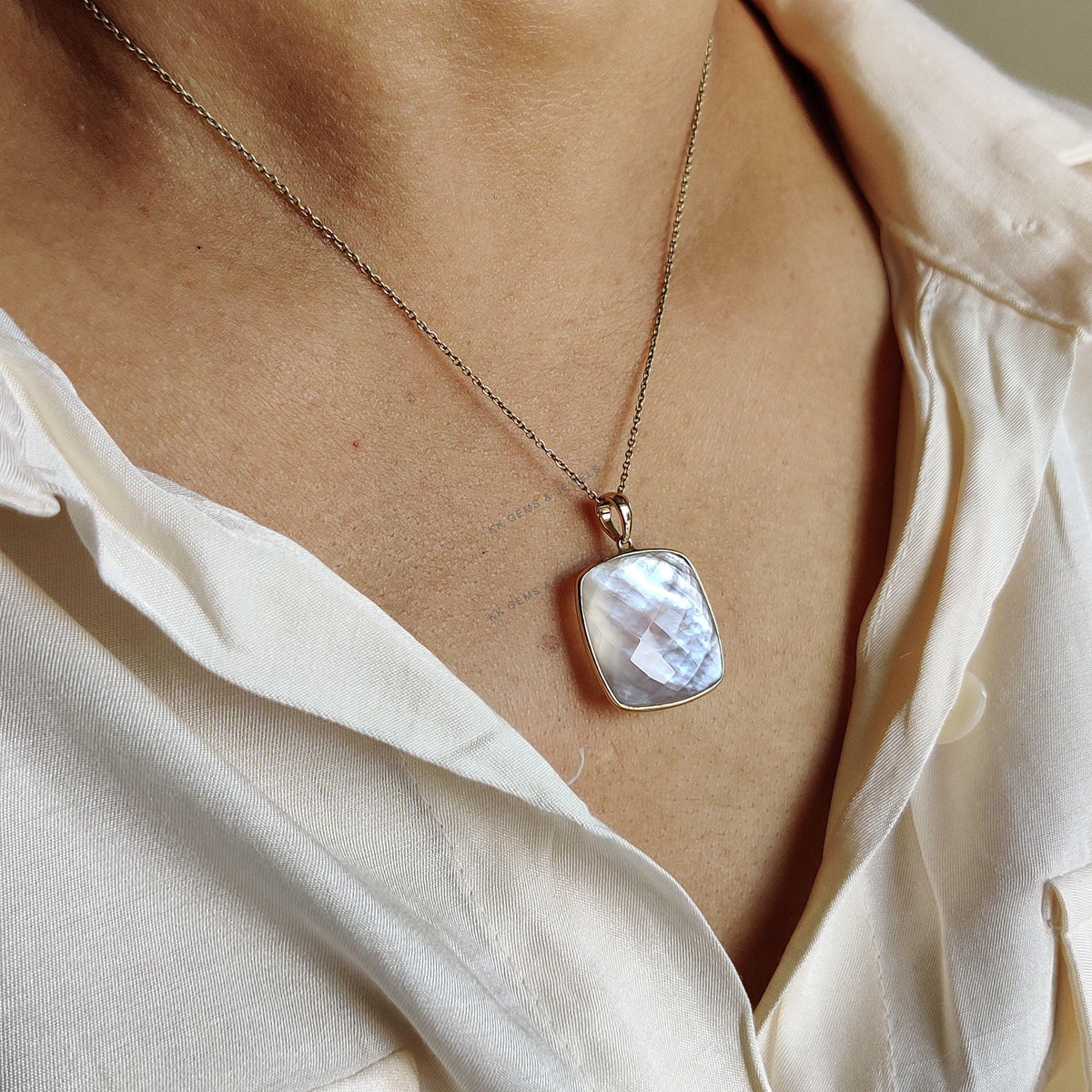 14K Solid Gold Natural MOP & Clear Quartz Pendant, June Birthstone Necklace
