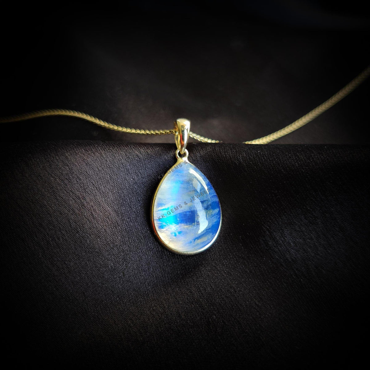 Natural Rainbow Moonstone Pendant, 14K Solid Yellow Gold Pear Pendant, June Birthstone