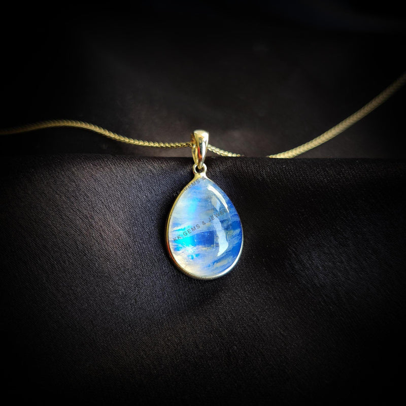 Natural Rainbow Moonstone Pendant, 14K Solid Yellow Gold Pear Pendant, June Birthstone