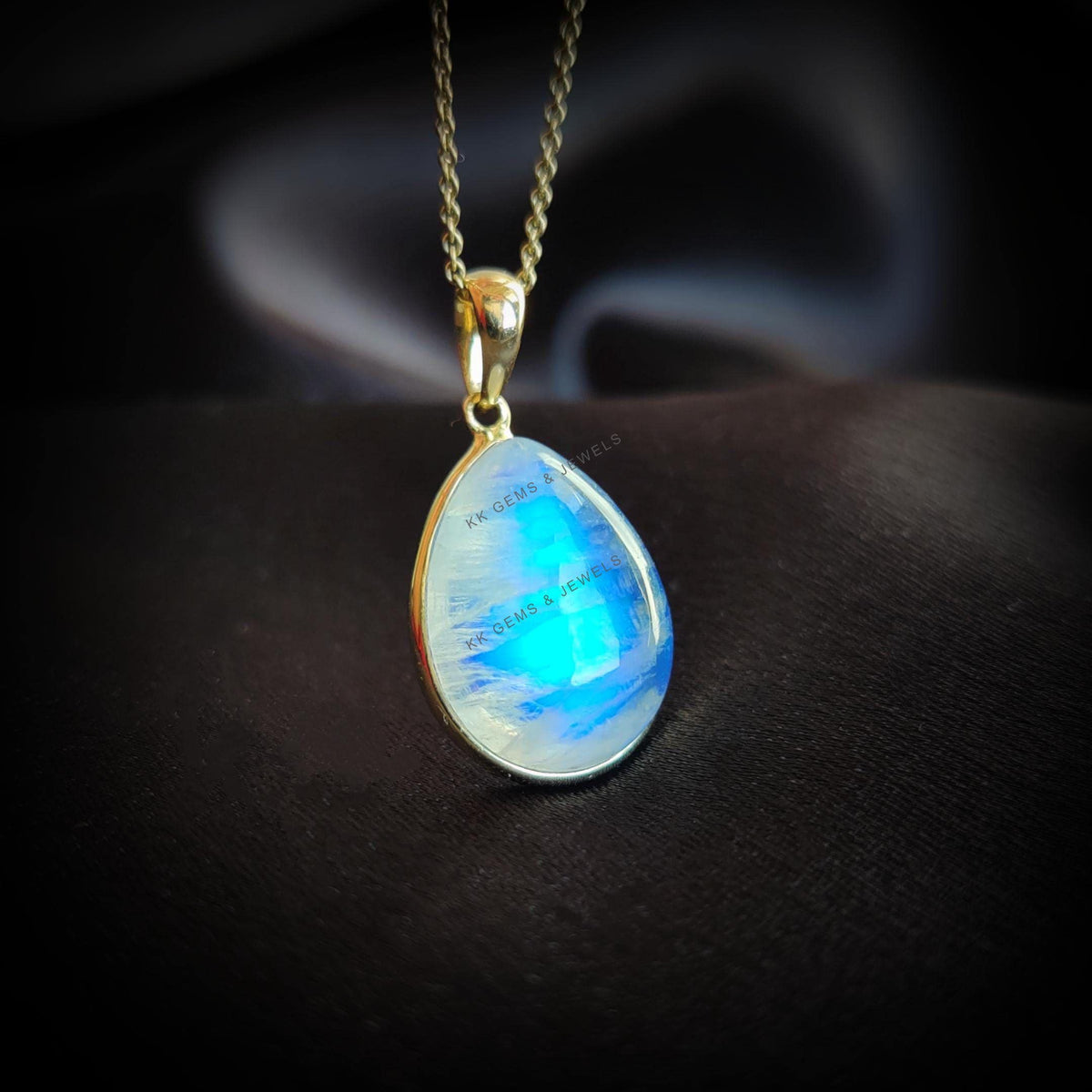Natural Rainbow Moonstone Pendant, 14K Solid Yellow Gold Pear Pendant, June Birthstone