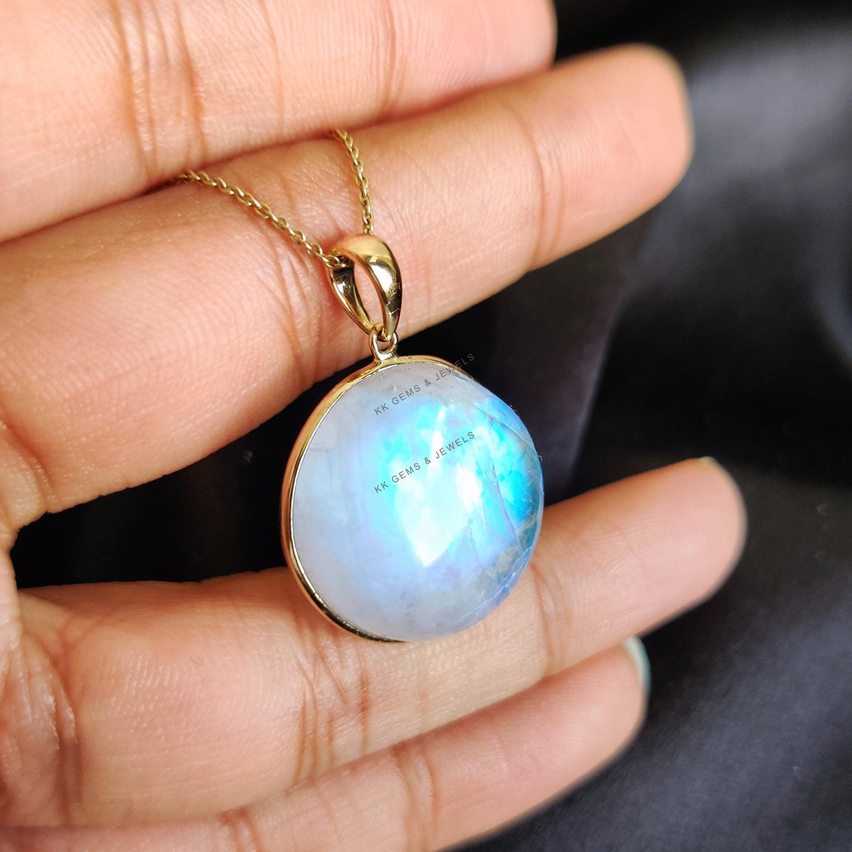 Natural Rainbow Moonstone Pendant, 14K Solid Yellow Gold Bezel, June Birthstone