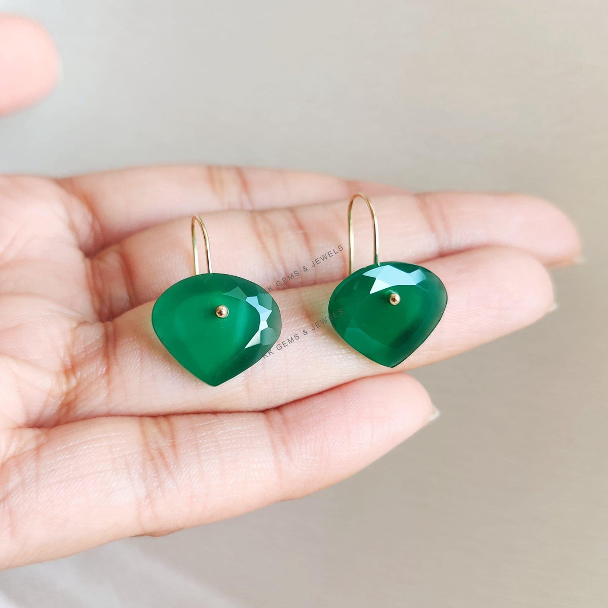 14K Solid Yellow Gold Natural Green Onyx Earrings, May Birthstone Earrings, Christmas Present