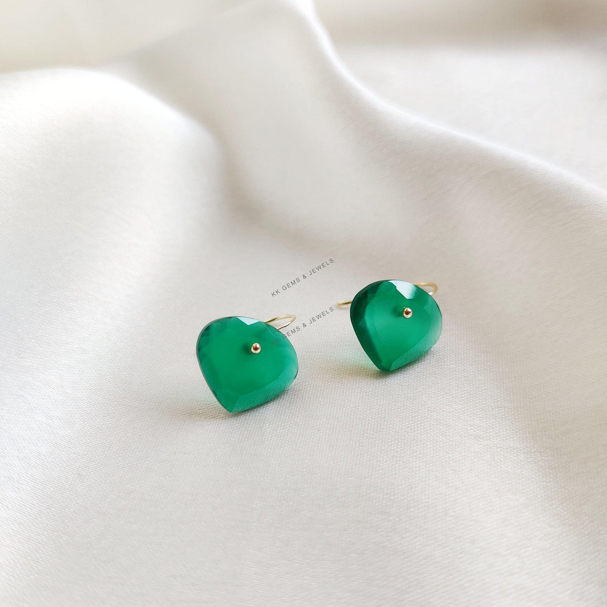 14K Solid Yellow Gold Natural Green Onyx Earrings, May Birthstone Earrings, Christmas Present