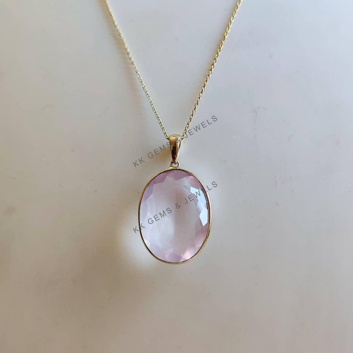 Natural Rose Quartz Pendant, 14K Solid Yellow Gold Bezel, January Birthstone