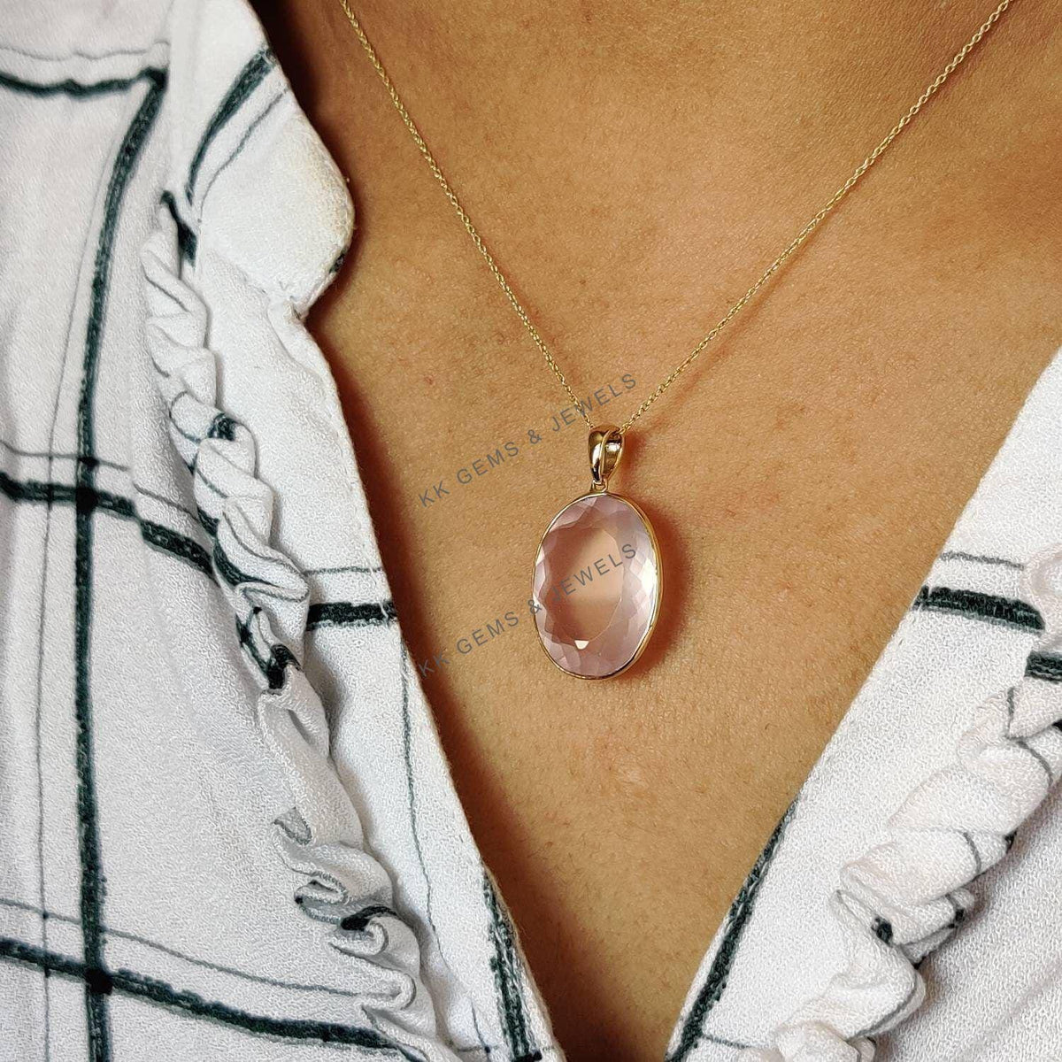 Natural Rose Quartz Pendant, 14K Solid Yellow Gold Bezel, January Birthstone