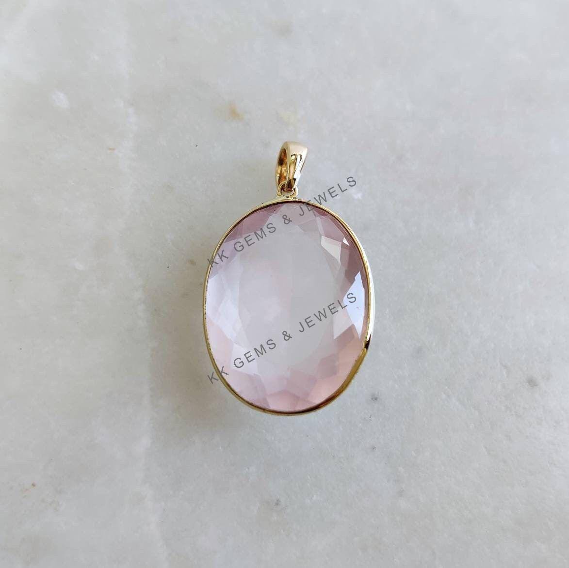 Natural Rose Quartz Pendant, 14K Solid Yellow Gold Bezel, January Birthstone