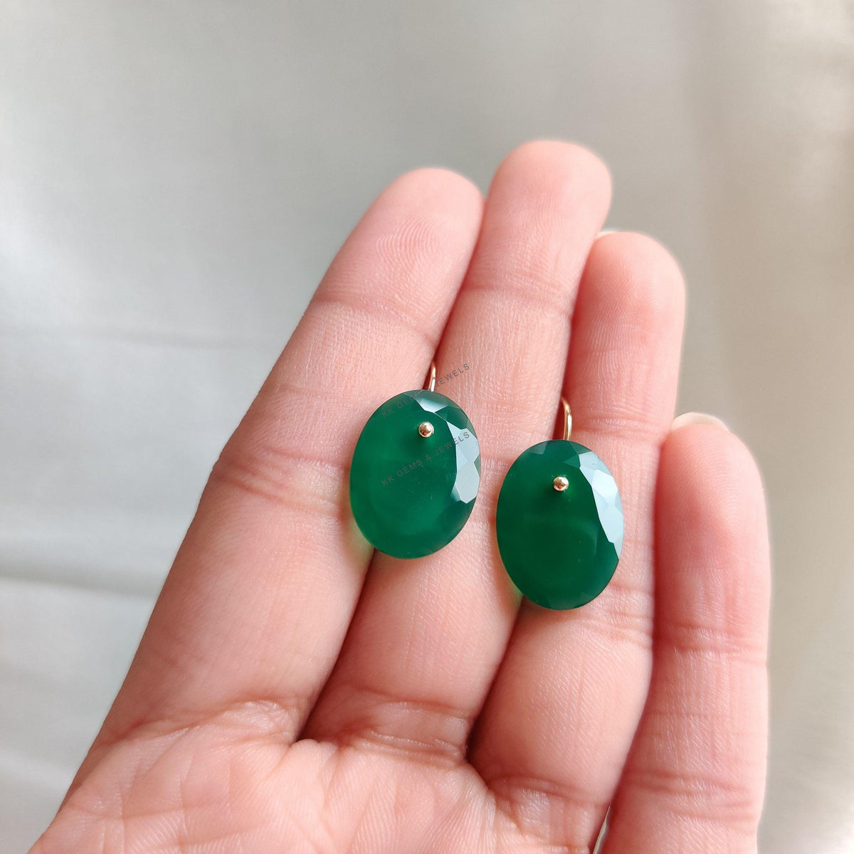 14K Solid Yellow Gold Natural Green Onyx Earrings, May Birthstone Jewelry