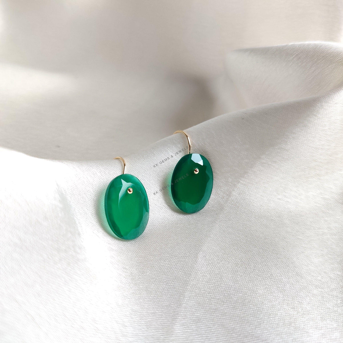 14K Solid Yellow Gold Natural Green Onyx Earrings, May Birthstone Jewelry