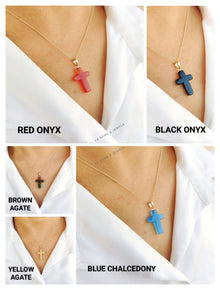 14k Solid Gold Natural Agate Chalcedony, Onyx Cross Pendant, Christmas Gift Jewelry