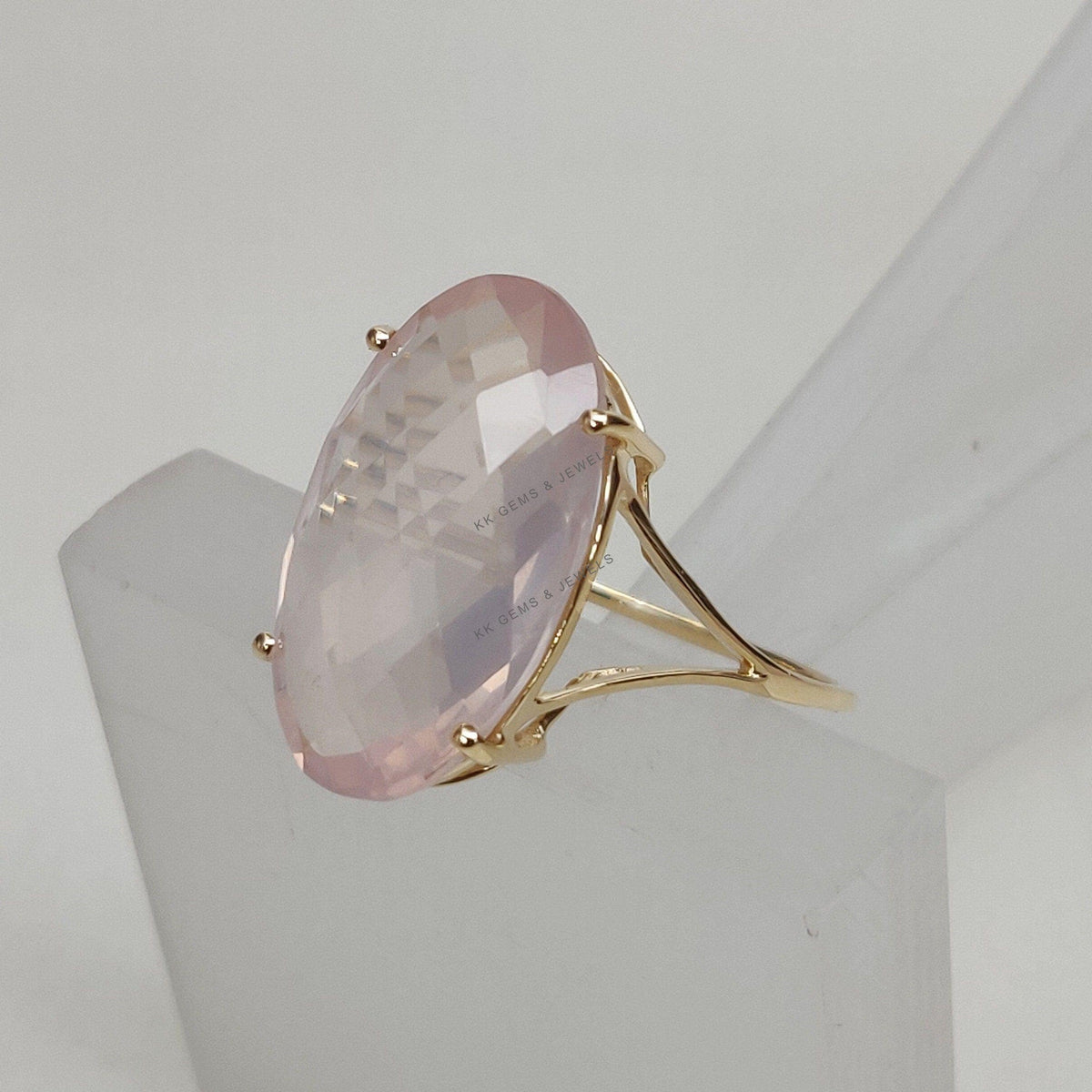 Natural Rose Quartz 14K Solid Gold Ring, Oval Briolette Gemstone