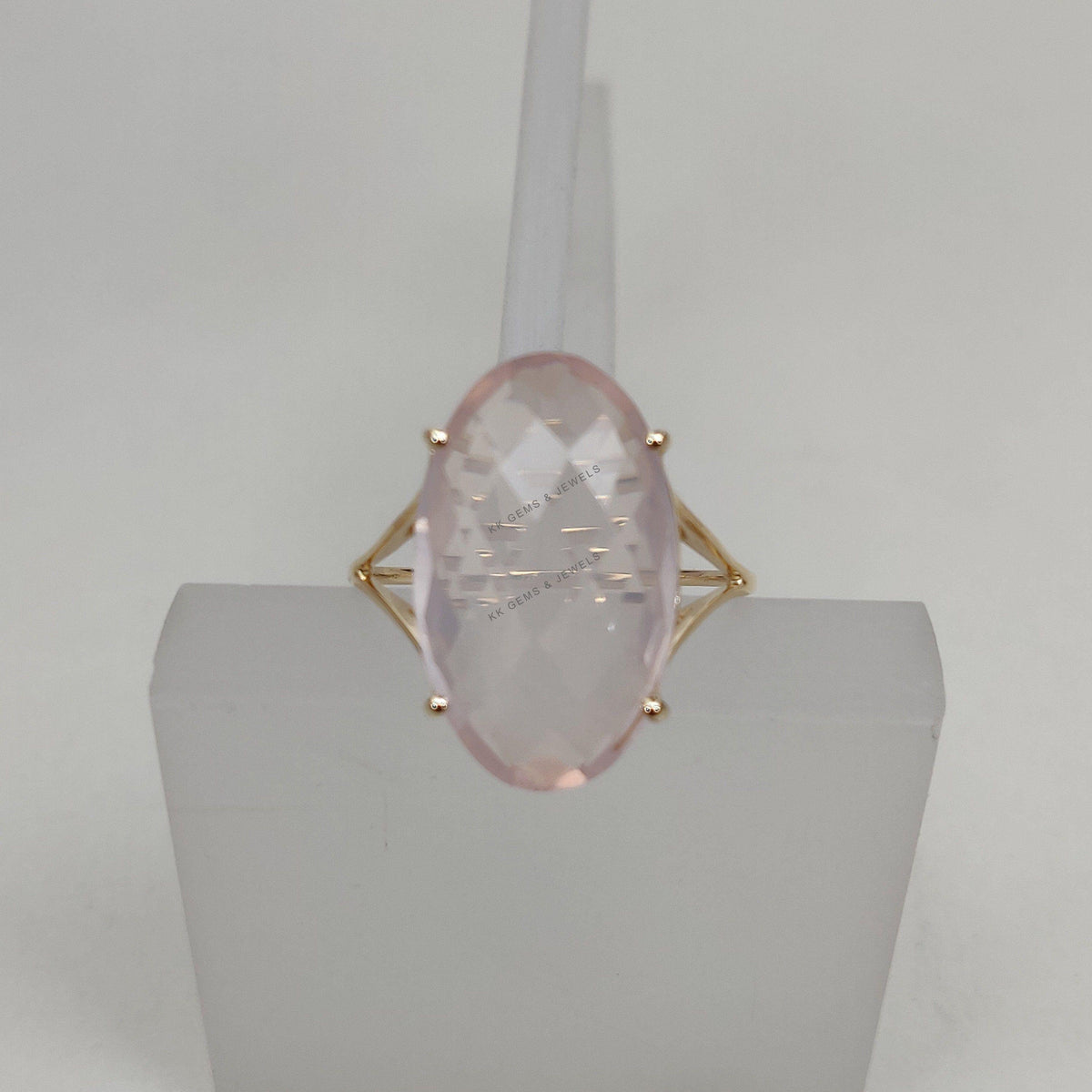 Natural Rose Quartz 14K Solid Gold Ring, Oval Briolette Gemstone