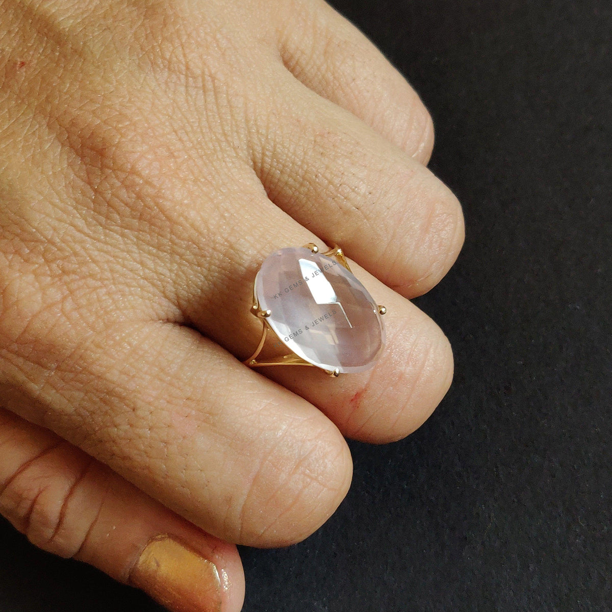 Natural Rose Quartz 14K Solid Gold Ring, Oval Briolette Gemstone