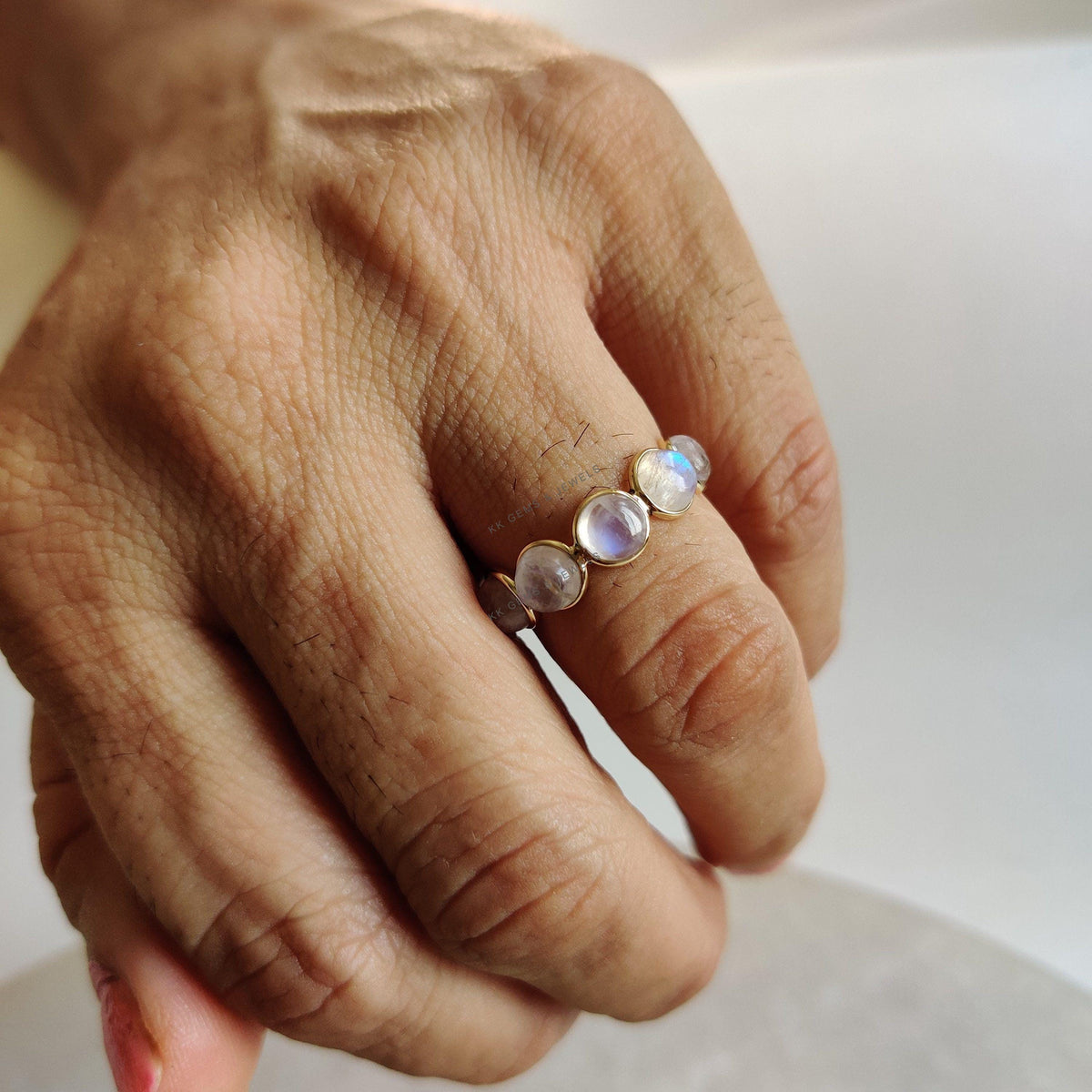 Natural Rainbow Moonstone Ring, 14K Solid Yellow Gold, June Birthstone