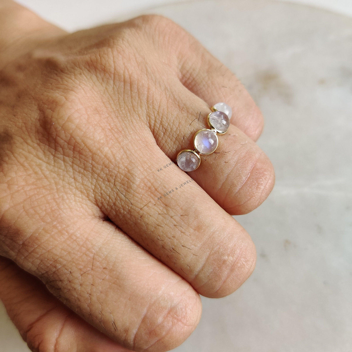 Natural Rainbow Moonstone Ring, 14K Solid Yellow Gold, June Birthstone