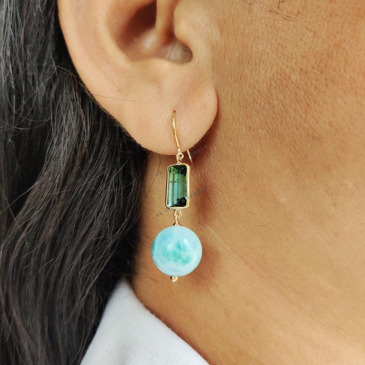 14K Solid Gold Natural Larimar & Green Tourmaline Earrings, Christmas Present