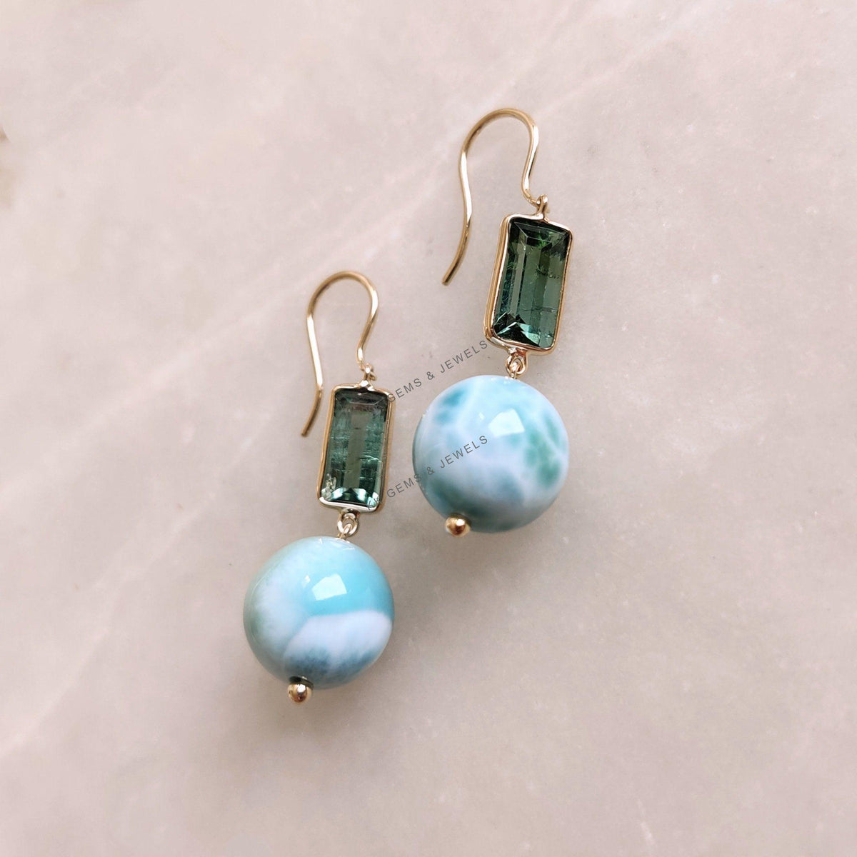 14K Solid Gold Natural Larimar & Green Tourmaline Earrings, Christmas Present