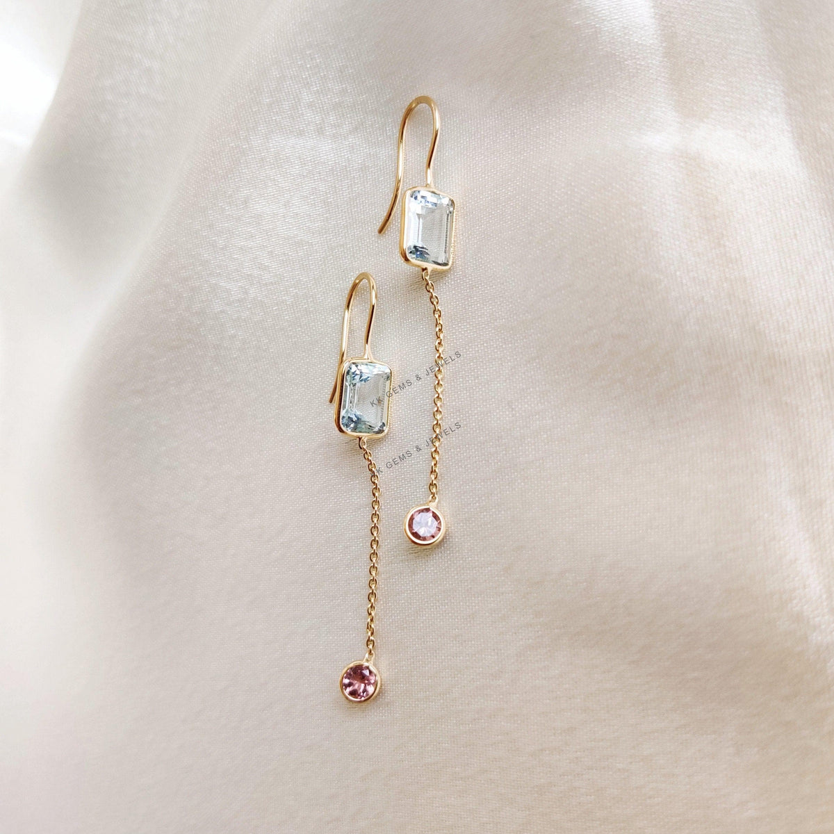 Natural Aquamarine & Pink Tourmaline 14K Solid Gold Chain Earrings, March Birthstone