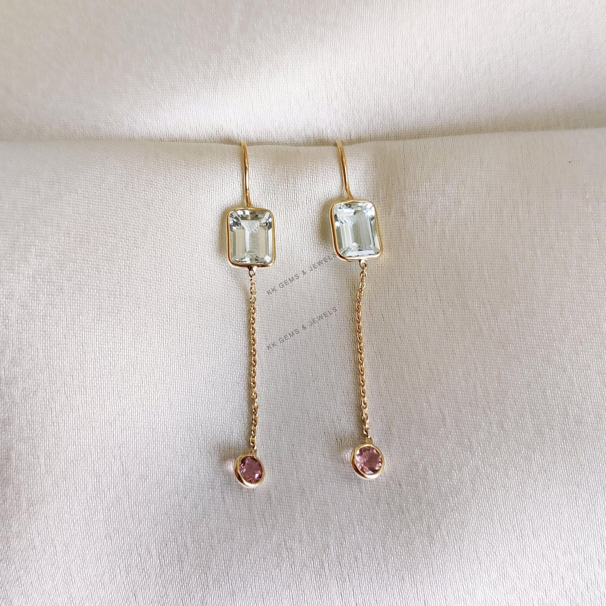 Natural Aquamarine & Pink Tourmaline 14K Solid Gold Chain Earrings, March Birthstone