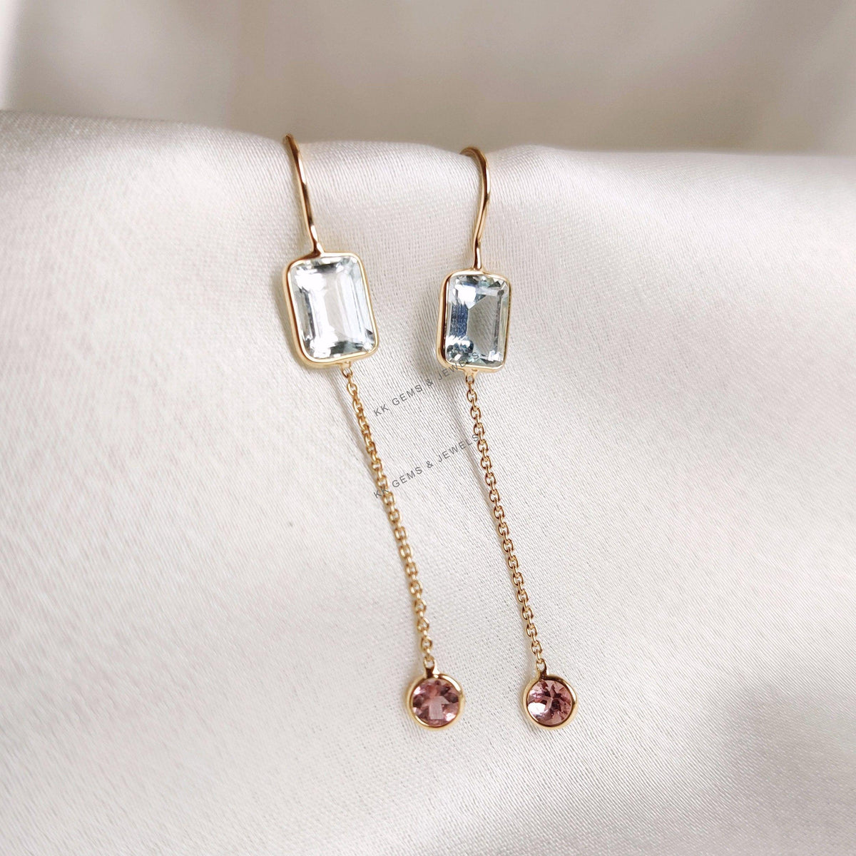 Natural Aquamarine & Pink Tourmaline 14K Solid Gold Chain Earrings, March Birthstone