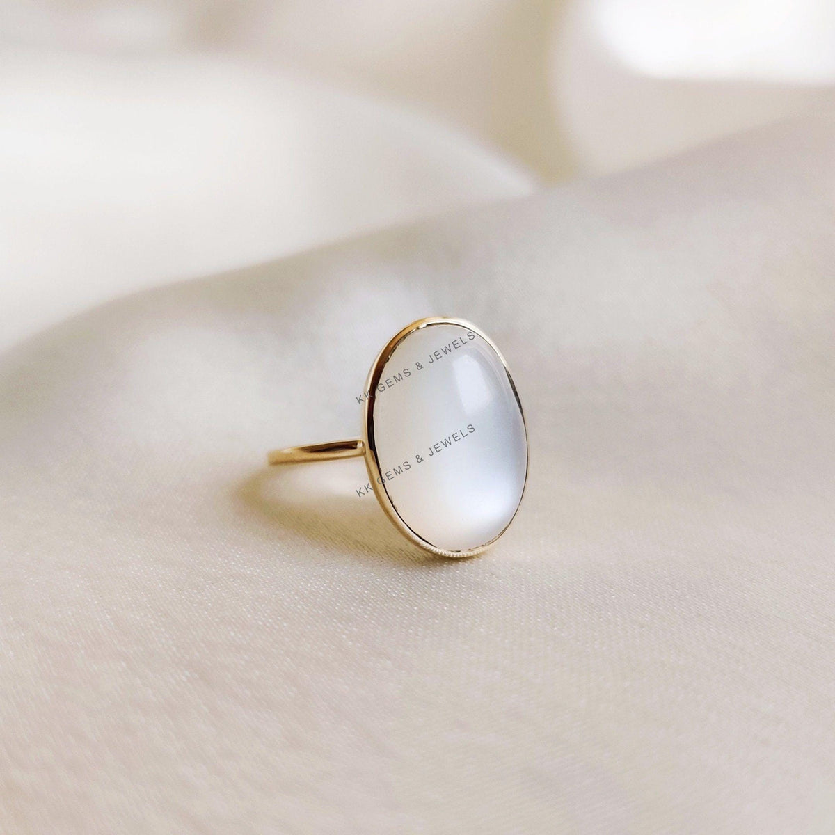 Oval Natural White Moonstone Ring, 14K Solid Yellow Gold, June Birthstone