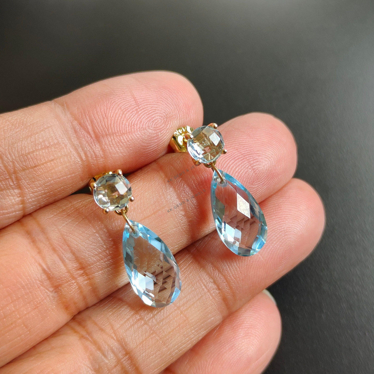 14K Solid Yellow Gold Natural Sky Blue Topaz Drop Earrings, December Birthstone