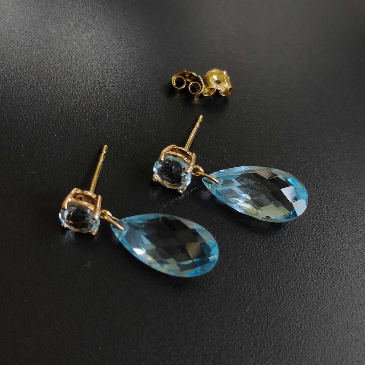 14K Solid Yellow Gold Natural Sky Blue Topaz Drop Earrings, December Birthstone